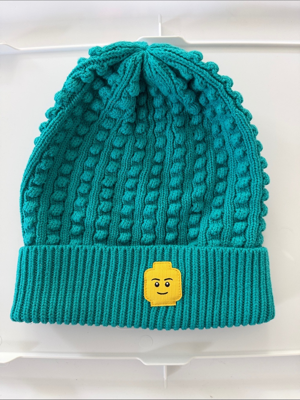 Lego Teal Knit Beanie with Yellow Lego Face Patch